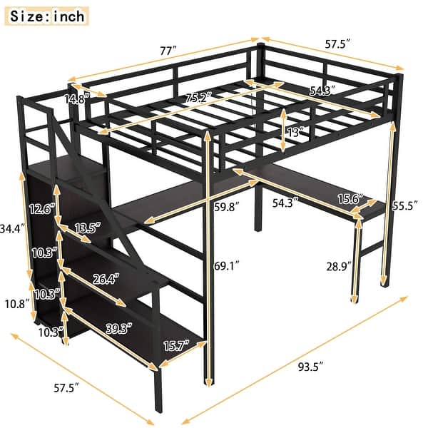 dimension image slide 0 of 3, Metal Loft Bed with L-shaped Desk, USB, Wardrobe, and Adjustable Shelf
