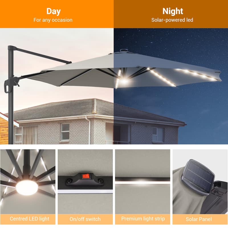BONOSUKI 11ft LED Aluminum Patio Cantilever Offset Umbrella with Base