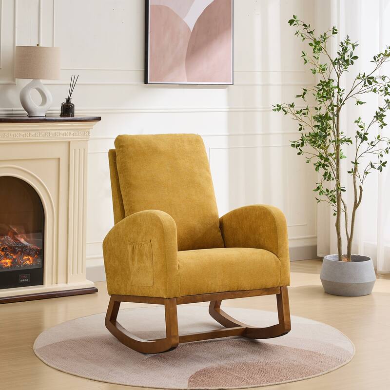 Modern 27.17" High Back Rocking Chair with Side Pocket and Rubber Wood Legs