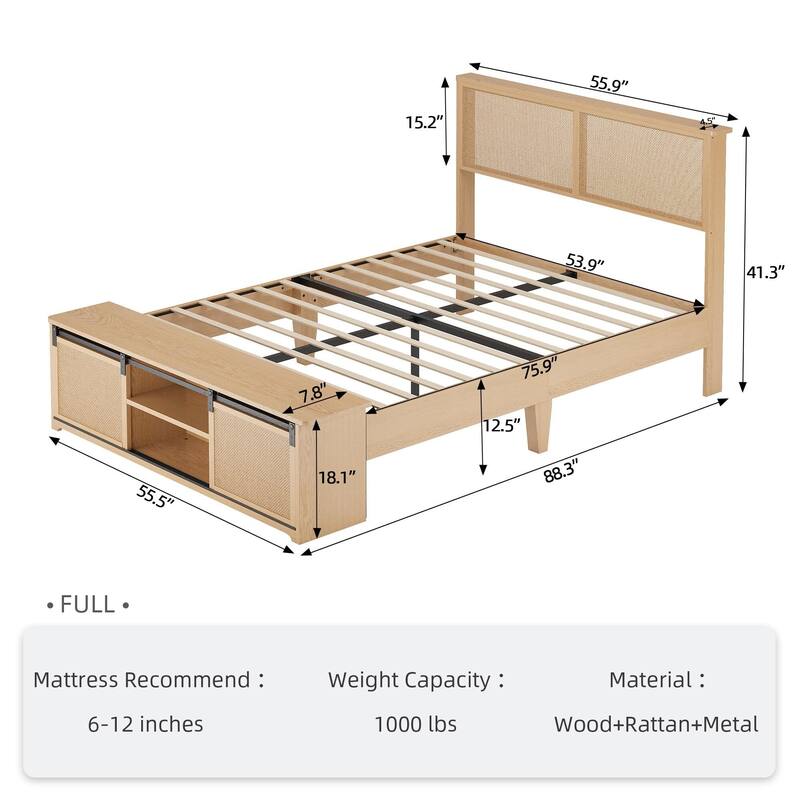 Natural Rattan Bed Frame, with Sliding Barn Door Storage Cabinets