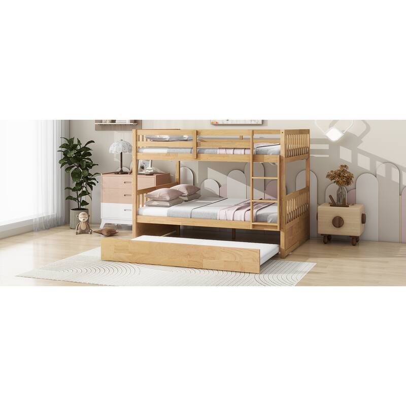 Roomfitters Full Over Full Rubber Wood Bunk Bed with Trundle, Convertible to Two Full Beds with Ladder and Guardrails