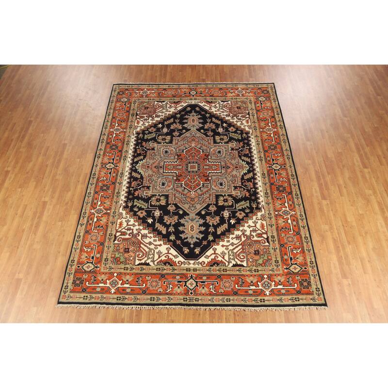 Dark Blue Heriz Serapi Indian Area Rug Hand-Knotted Wool Carpet - 8'11" x 11'11"