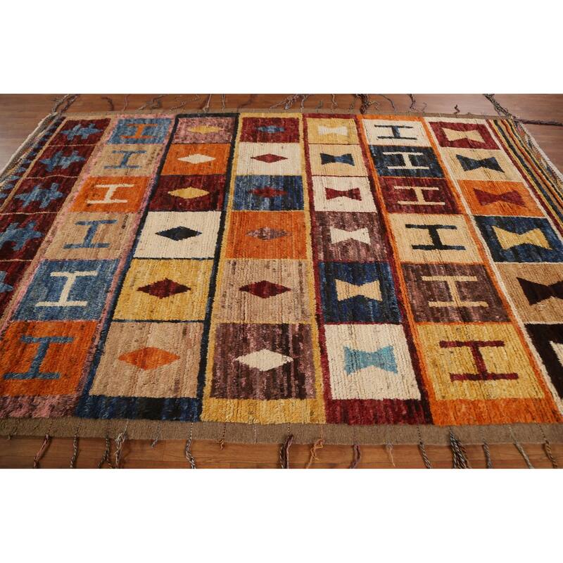 Hand Knotted Oriental 100% Wool Carpet Modern Tribal Multi-Colored Moroccan Area Rug - 9' 11'' X 6' 9''