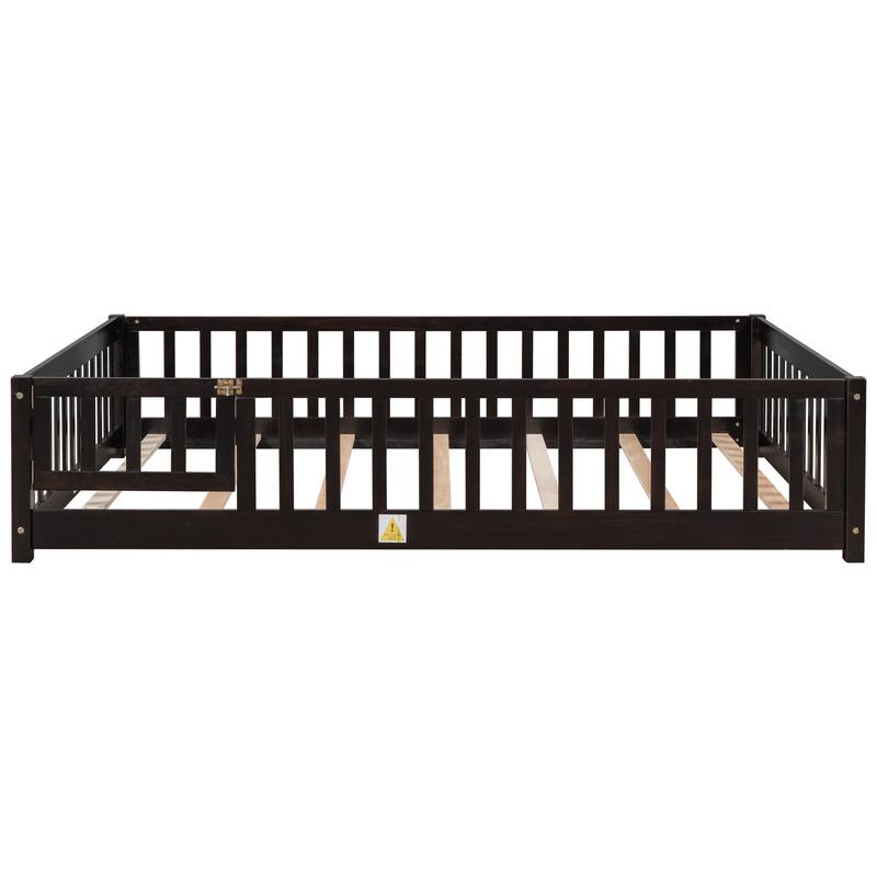 Full size Floor Platform Bed with Fence and Door, White