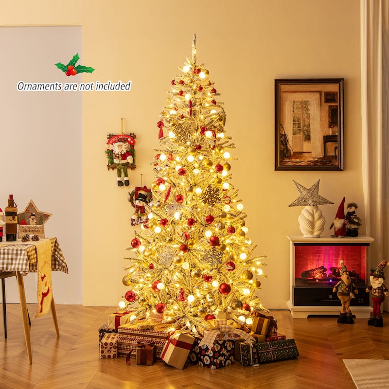 Costway 6/7/8 FT Snow-flocked Artificial Christmas Tree with 51/65/81 - Green & White - See Details