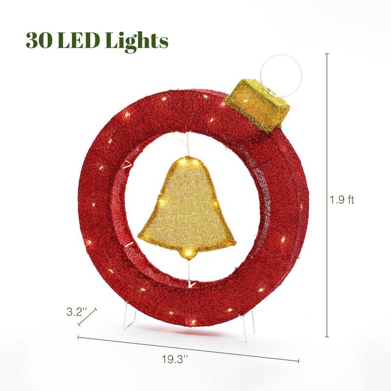 1.9Ft Tall Ornament and Bell Wreath Outdoor Holiday Decoration with