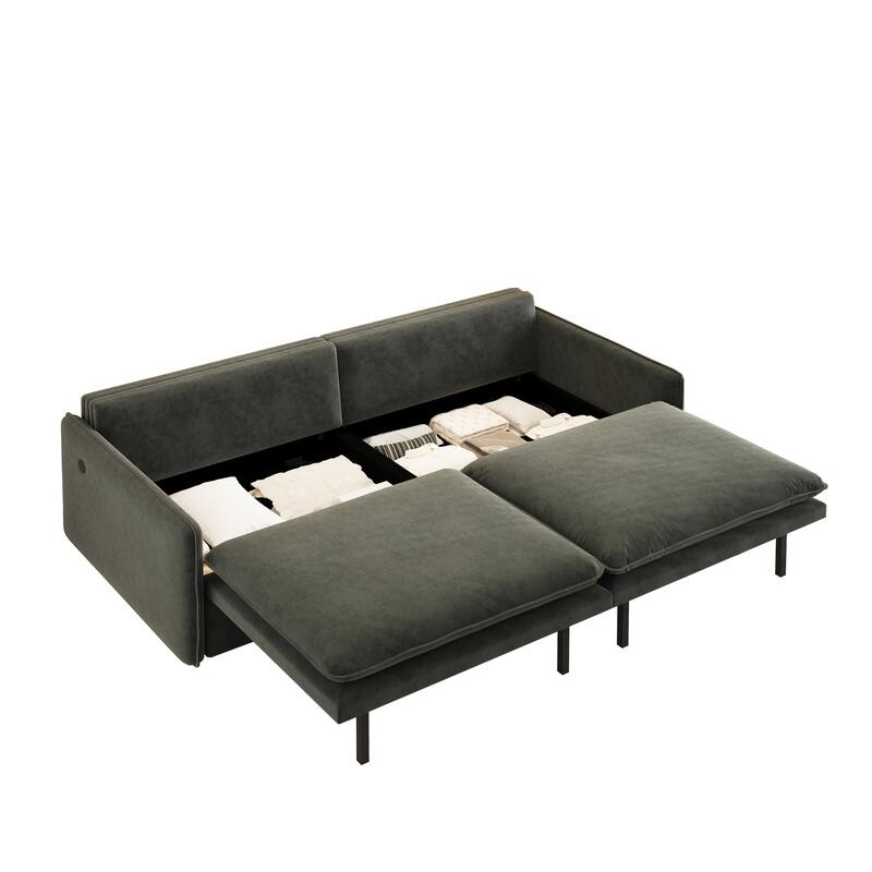 Modern Convertible Sofa Bed, Chenille Fabric Couch with Pull-Out Sleeper Bed, Living Room Loveseat with USB Port, Hidden Storage
