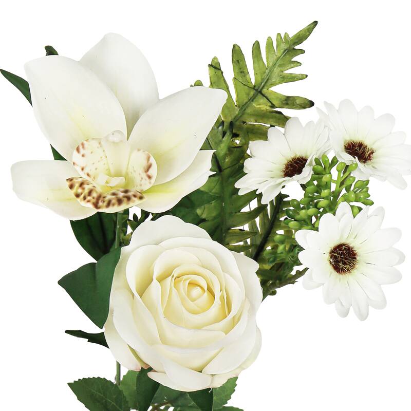 Set of 2 Cream White Artificial Mixed Rose Cymbidium Orchid Daisy Flower Stem Bush Bouquet 16in - 16" L x 9" W x 9" DP