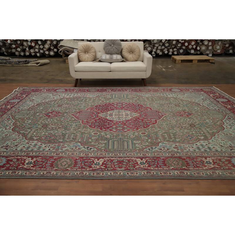 Hand Knotted Oriental 100% Wool Carpet Traditional Floral Greys & Charcoal Tabriz Area Rug - 13' 1'' X 9' 7''