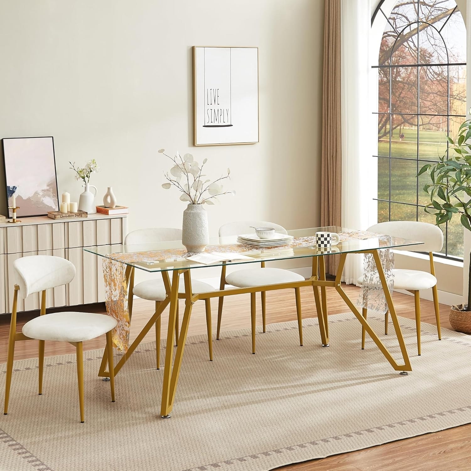 71 Inch Modern Rectangular Glass Dining Table with Gold Metal Legs and Table Runner for Kitchen, Living Room, Office - 71"-gold