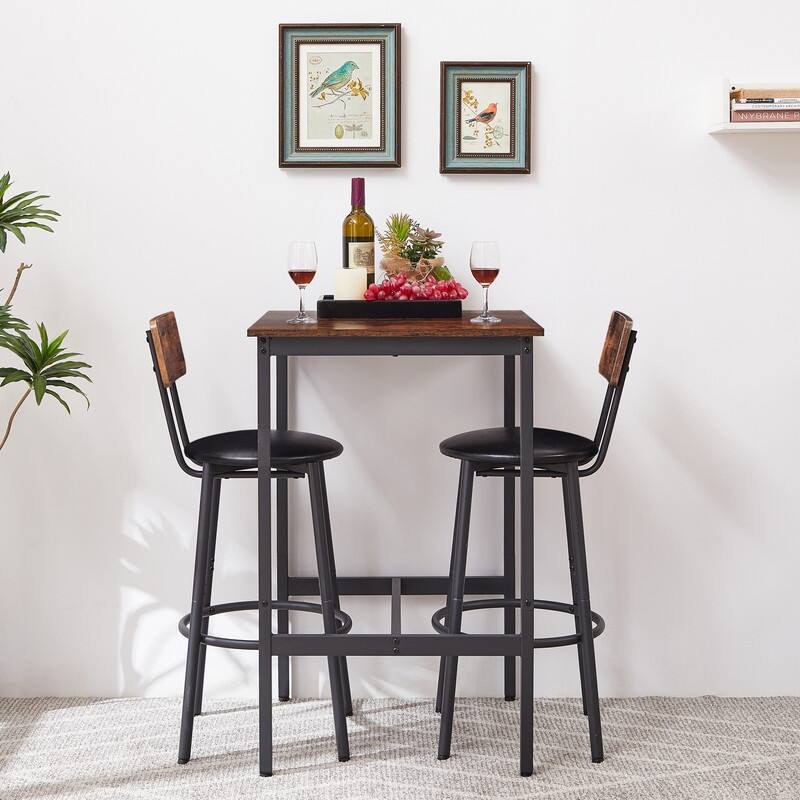 Industrial 2-Stool Bar Table Set, Space-Saving Counter Height Table with PU Cushioned Stools
