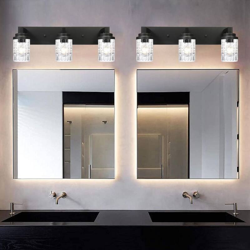 6-Light Industrial Black Bathroom Lighting with Clear Grid Glass