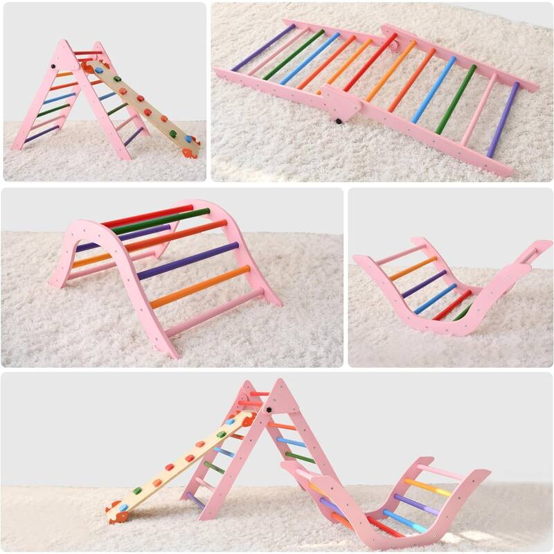 7 in 1 Pikler Triangle Gym, Montessori Foldable Wooden Climber with Ramp