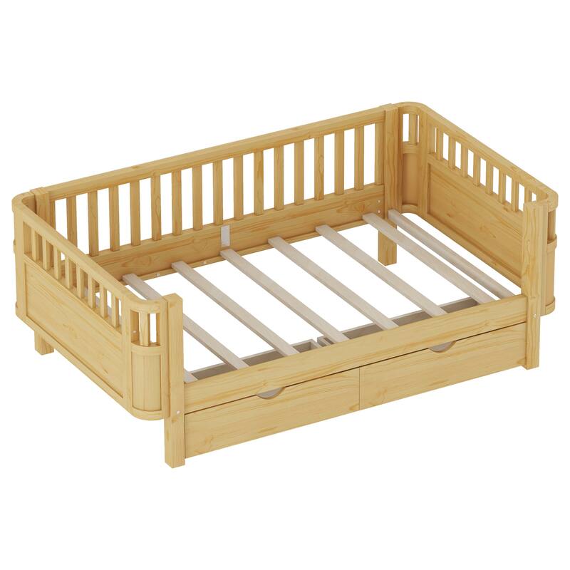 Twin Size Wood Platform Bed for Kids, Wood Low Profile Twin Bed with Rails for Girls and Boys