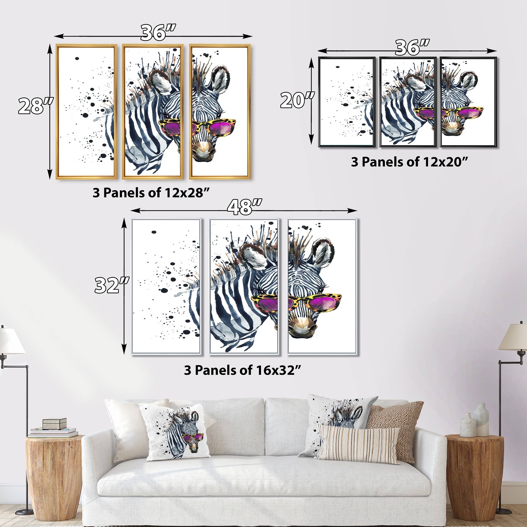 Designart "Funny Zebra Watercolor" Animal Framed Art Set of 3 4 Colors of Frames Bed Bath