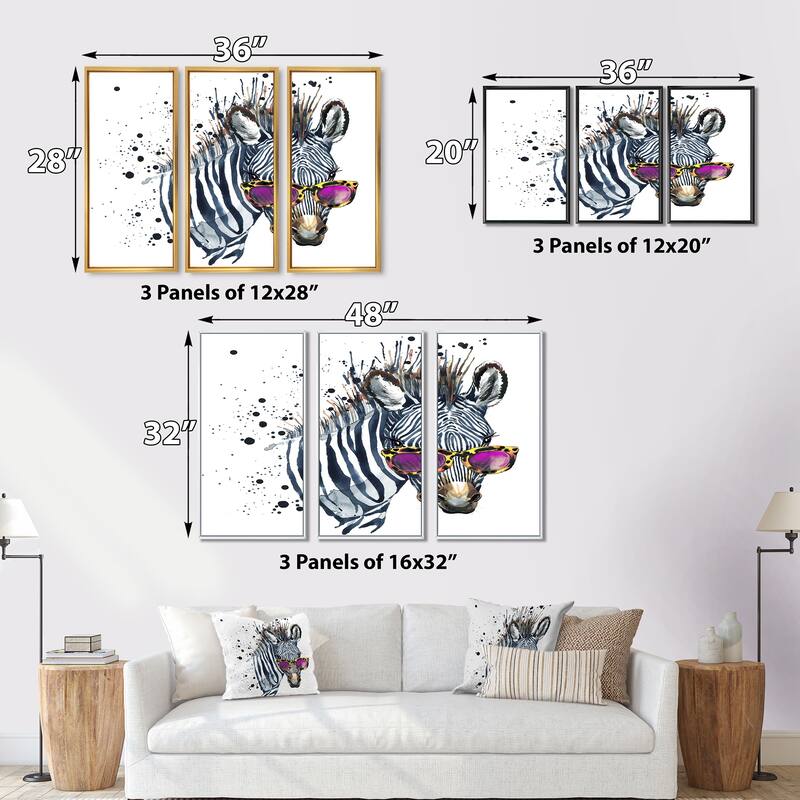 Designart "Funny Zebra Watercolor" Animal Framed Art Set of 3 4