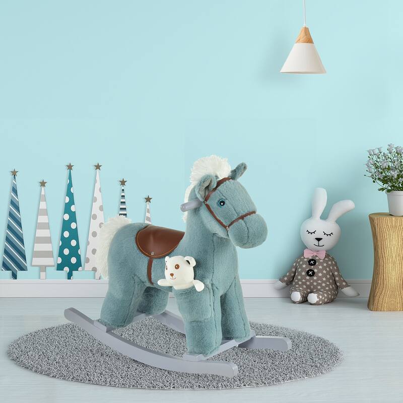 Kids Plush Ride-On Rocking Horse with Bear Toy, Children Chair with Soft Plush Toy & Fun Realistic Sounds, Blue