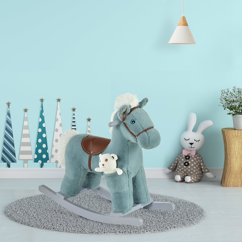 Plush Rocking Horse with Bonus Bear Toy and Sound for Toddlers Wooden Base - 25.5" L x 10.25" W x 21.75" H