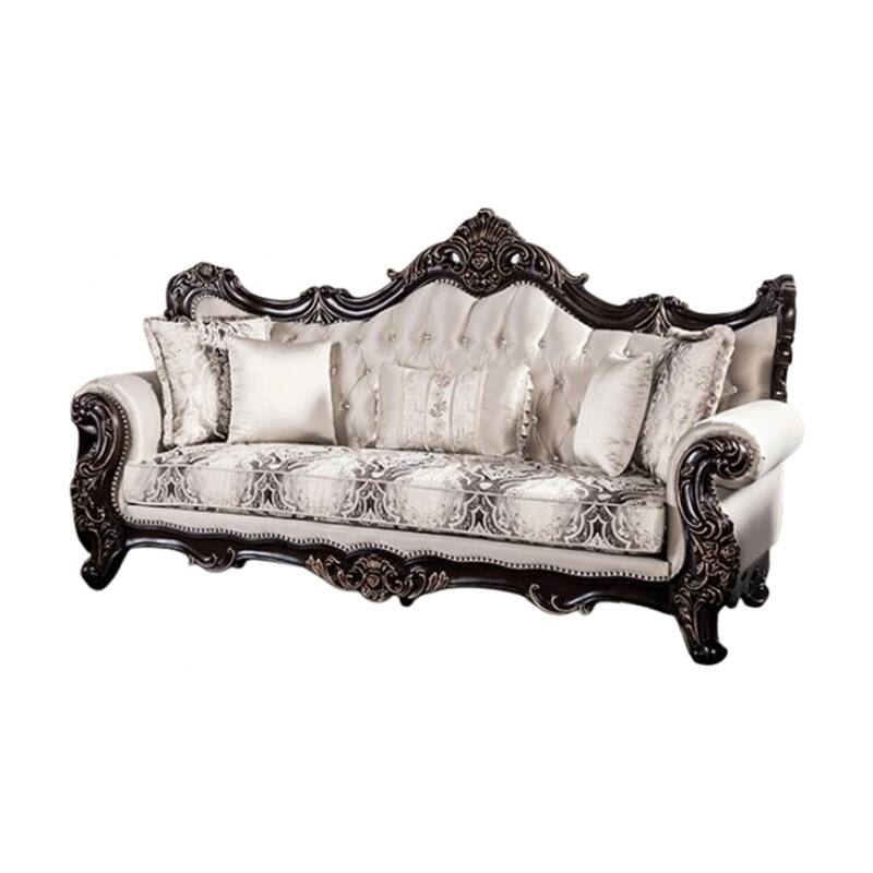 Puhi Sofa w Accent Pillows, Beige Fabric, Ornate Carved Wood, 95 Inch