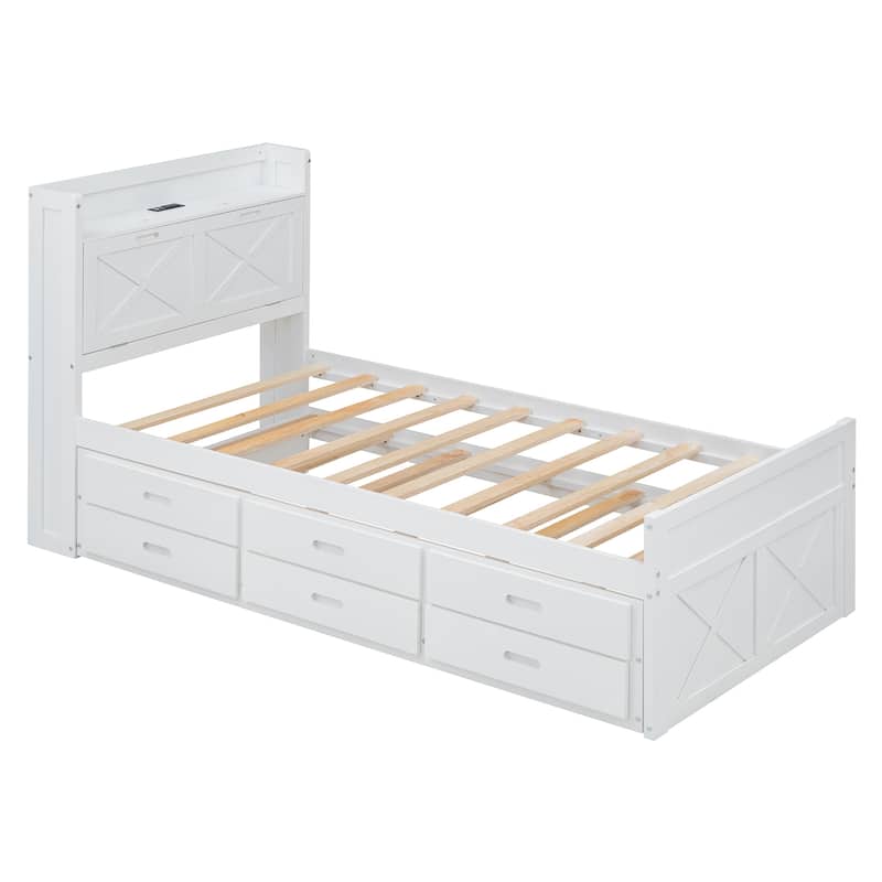 Twin Size Wooden Bed with Storage Headboard with Outlets, Extendable Bed with Twin Size Trundle with Two Storage Drawers