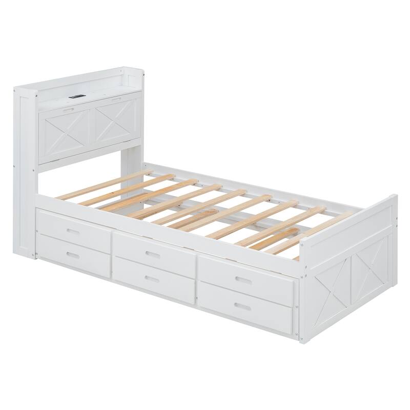 Twin Size Wooden Bed with Storage Headboard with Twin Size Trundle