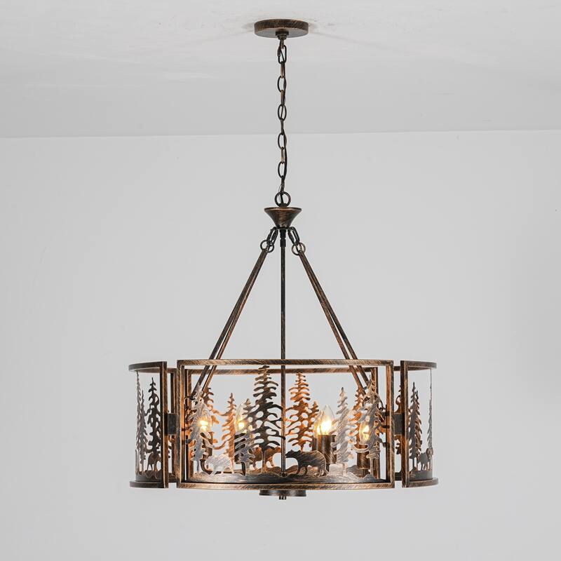 6-Light Black & Gold Iron Chandelier with Adjustable Chain for Rustic Lodge Spaces - 26 in. W x 26.4 in. H