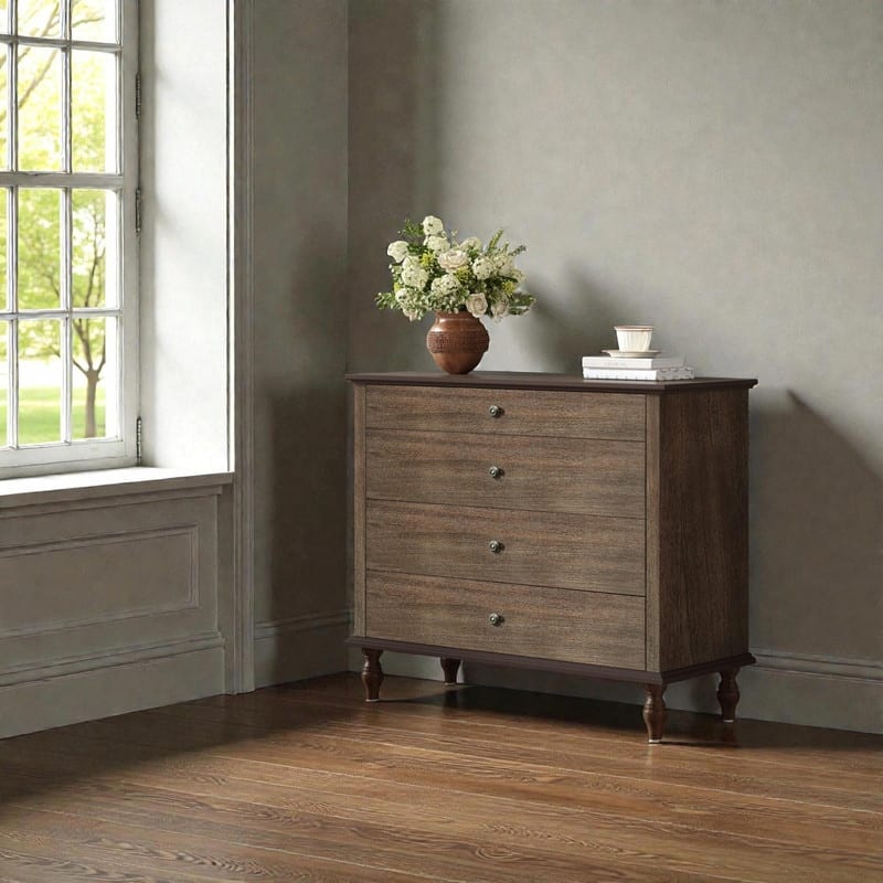 Large 4-Drawer Wood Dresser with Solid Wood Feet, Brown Finish & Metal Knobs, Antique Storage Chest