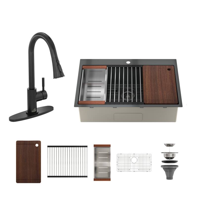 Drop-In Nano PVD Gunmetal Black Stainless Steel Workstation Kitchen Sink with 2-Function Pull-Down Kitchen Faucet & Accessories