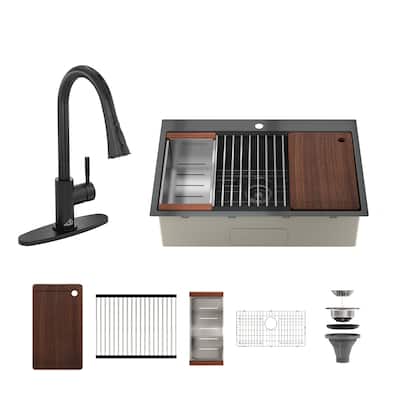 Drop-In Nano PVD Gunmetal Black Stainless Steel Workstation Kitchen Sink with 2-Function Pull-Down Kitchen Faucet & Accessories