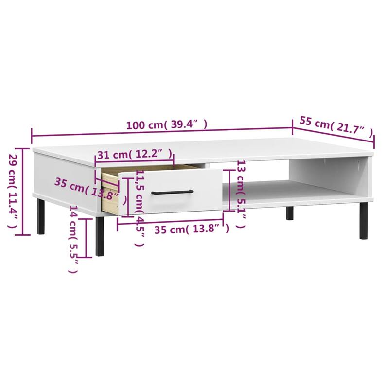 vidaXL Coffee Table Accent Side Sofa End Table with Metal Legs Solid Wood OSLO - 39.4" x 21.7" x 11.4"