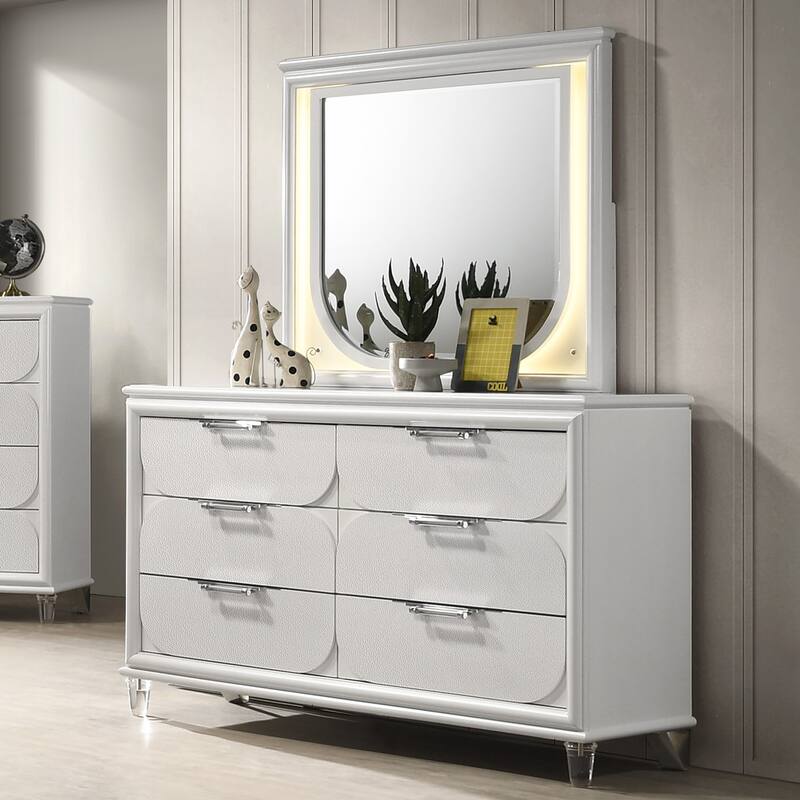 Furniture of America Drima Modern 2-Piece Pearl White Solid Wood 6-Drawer Dresser and Mirror Set