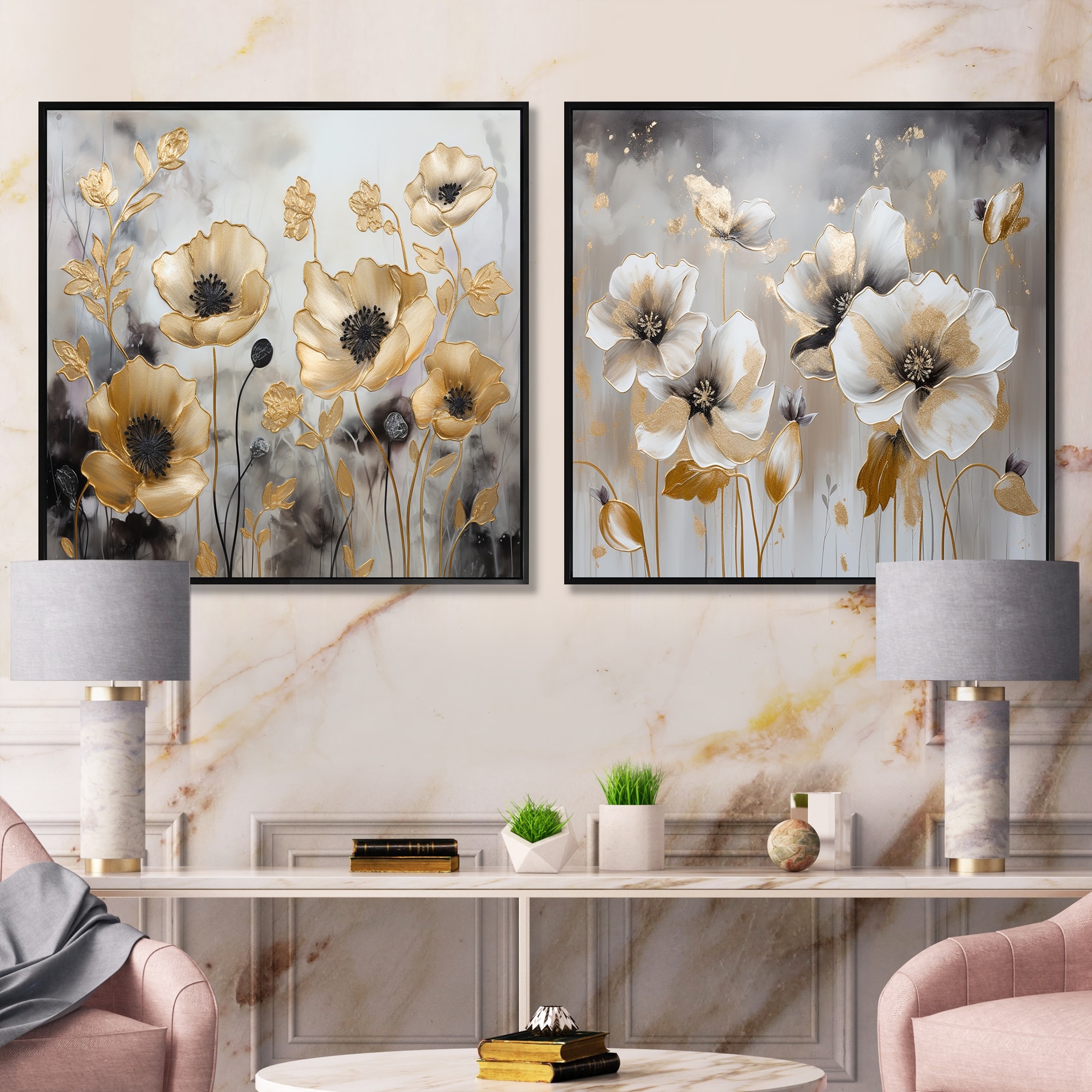 Designart "Rememberance Poppies Flower Dreams III" Floral Framed Art Set Of 2 - Traditional Wall Decor Set For Entryway