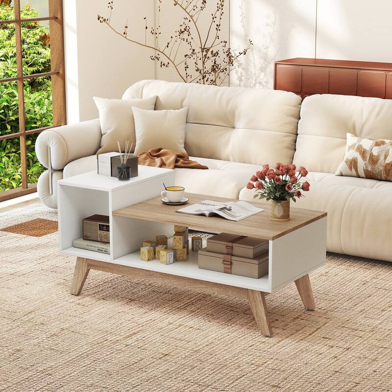 Gymax Coffee Table 43'' Center Table w/ Stepped Tabletop & Storage