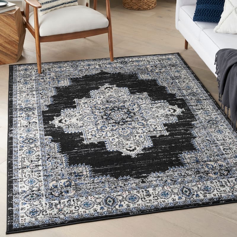 Porch & Den Dobbin Vintage Persian Medallion Farmhouse Area Rug - 5' 3" x 7' 3" - Black Ivory