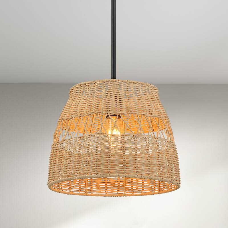 Vina Natural 1-Light Rattan Pendant Light with Black Metal Finish