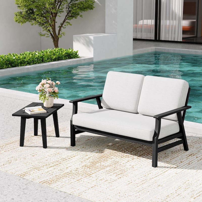 2-Piece Teak Outdoor Loveseat Set with Table.