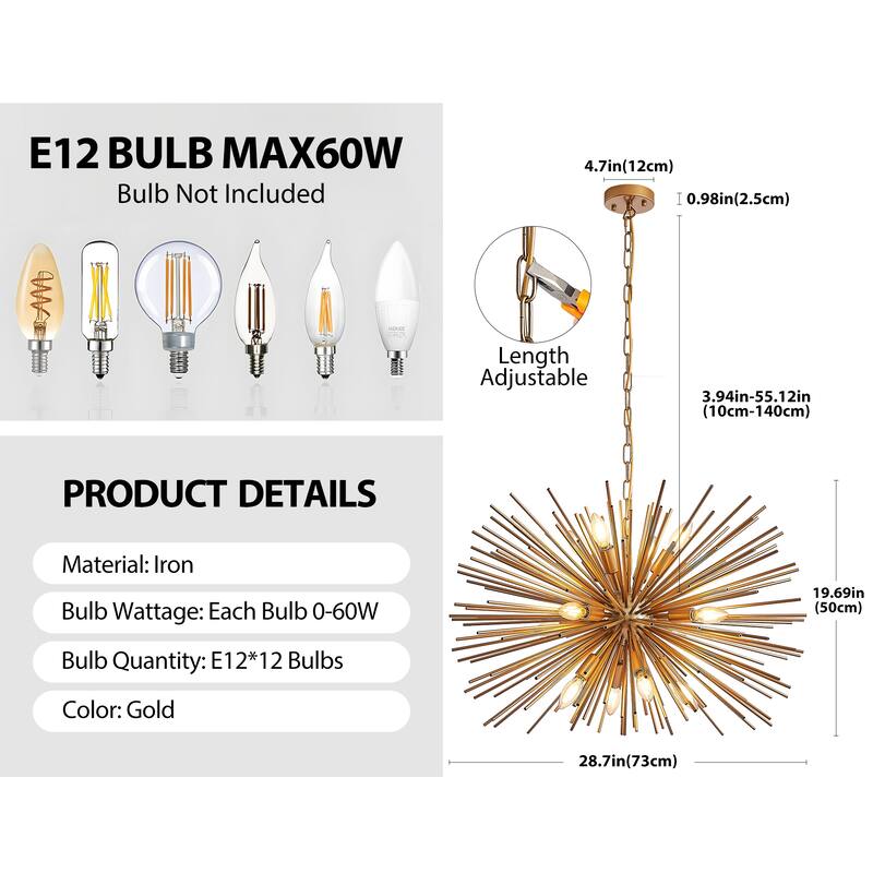 29" Mid-Century Modern 12-Light Starburst Chandelier-Gold Sputnik Pendant Light Fixture