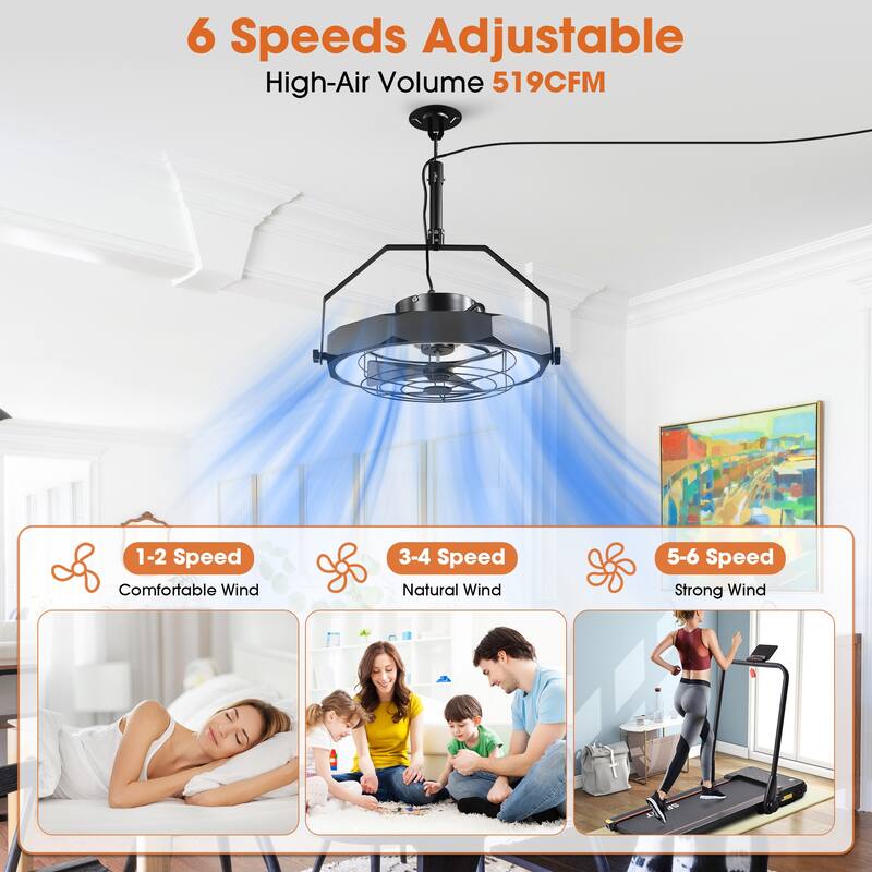 20" Industrial Black Integrated LED Caged Ceiling Fan Wall Mounted Fan with Light