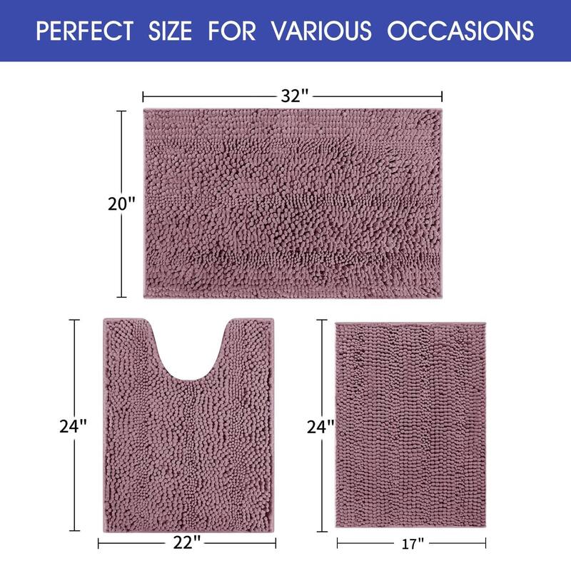 Ultra Soft Striped Non Slip Chenille Bathroom Rug Set 3 Pieces