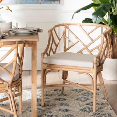 Padma Natural Rattan Dining Chair - Handwoven Barrel Accent Chair with Bamboo-Style Frame and Lattice Detailing