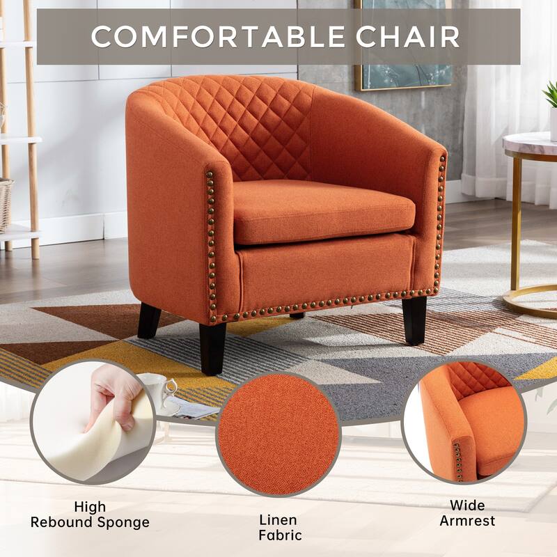 Club Chairs with nailheads and solid wood legs - Orange Linen