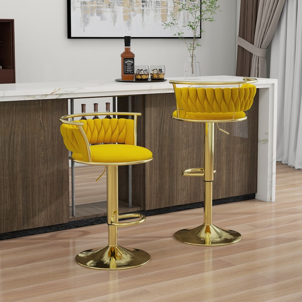 2 Set Velvet Swivel Adjustable Bar Stools with Footrest