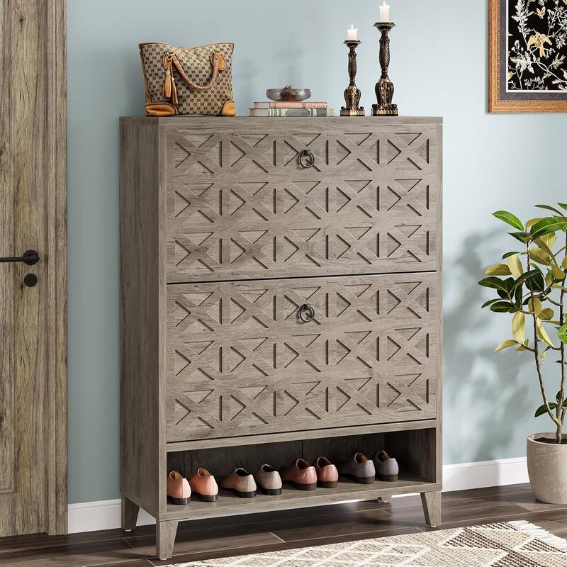 Brown Wood Shoe Cabinet with 2 Flip Drawers, Shoe Storage Organizer for Entryway
