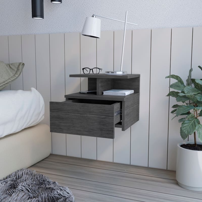 Floating Nightstand with Drawer, Smokey Oak, Space-Saving Design