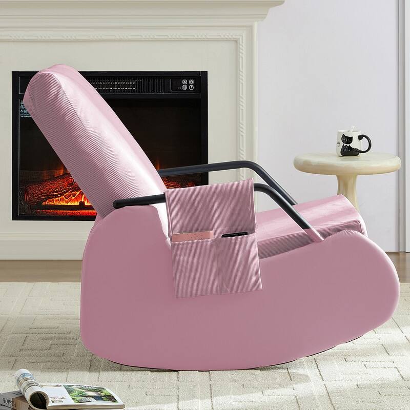 Mixoy Corduroy Upholstered Rocking Chair with Wooden Legs Wrapped in Leather,Adjustable Footrest