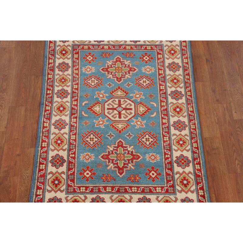 Light Blue Kazak Accent Rug Handmade Wool Carpet - 2'9" x 4'1"