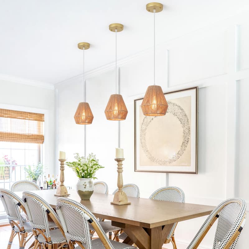 3-Light Metal Hanging Pendant Light Chandelier with Paper Rattan Shade for Kitchen Island - Gold