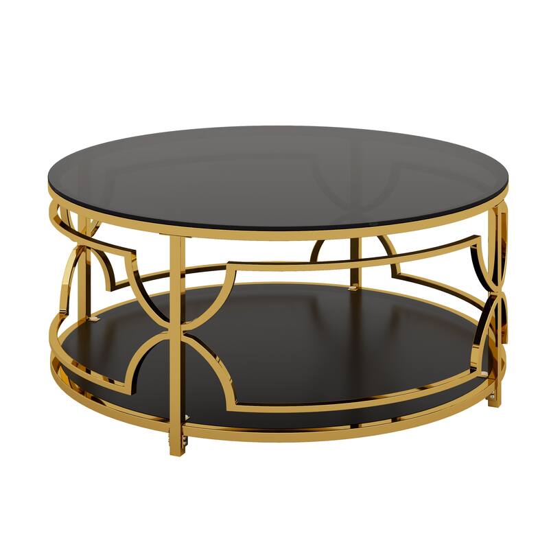Glass Coffee Table Round Living Room Table, Luxurious Storage Table with Lower Shelf, 30.7" Center Table with Tempered Glass Top