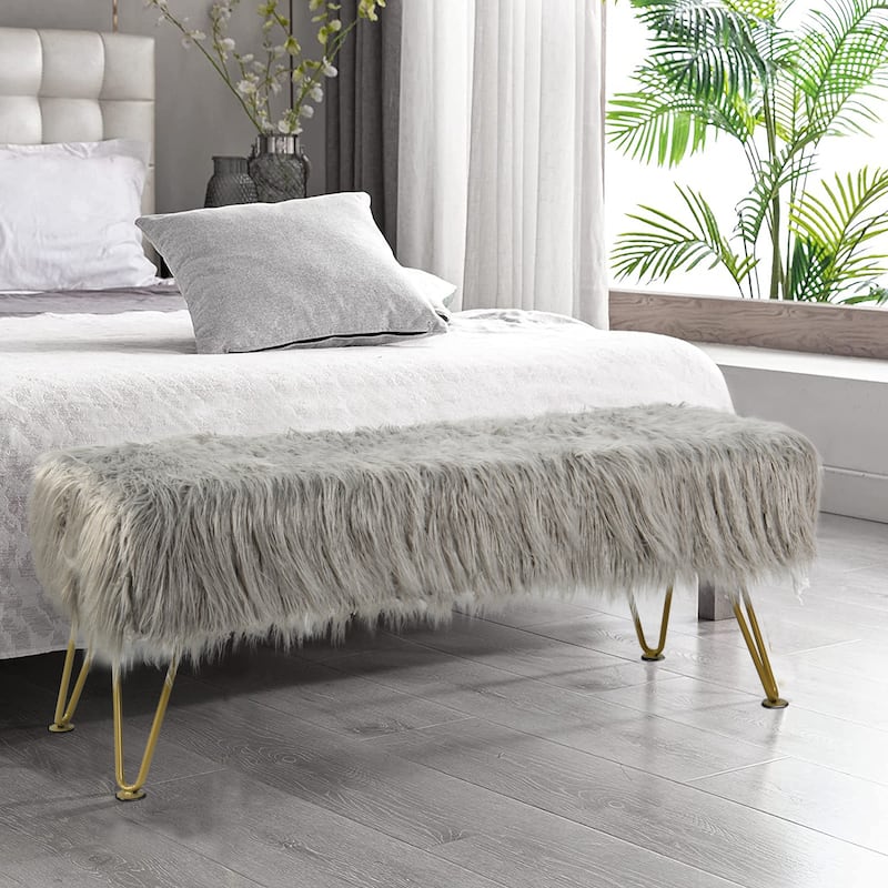 Home Soft Things Mongolian Ottoman Bench with Gold Metal Legs - Grey