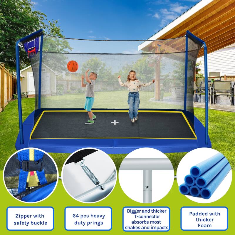 8ft x 12ft Rectangular Trampoline with Basketball Board, Ball Inflater & Ladder - Blue, ASTM & CPC Certified